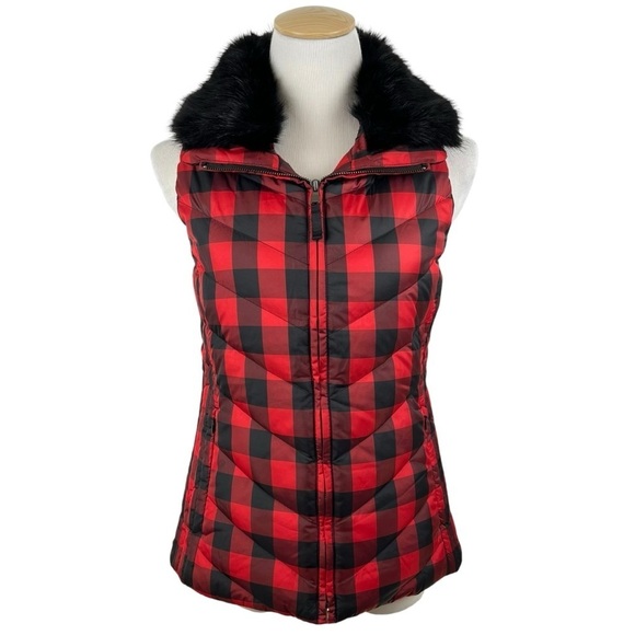 NWT Talbots Down Puffer Vest with Removable Fur Collar Buffalo Check Size XS - Picture 1 of 12